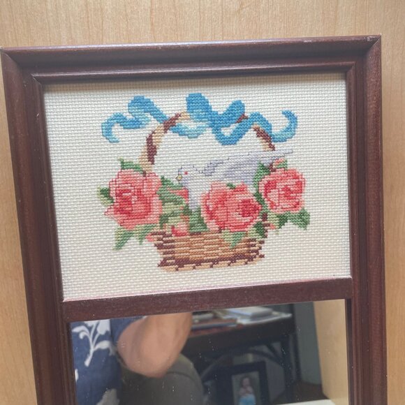 Vintage Wooden Framed Mirror With Handcrafted Cross-Stitch Rose & Dove Design - Picture 2 of 15